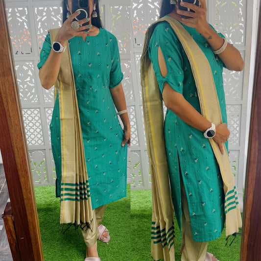 Rama Green-Premium Raw Silk Printed Salwar Set-(Top,Bottom,Duppatta)- Feeding/Non Feeding