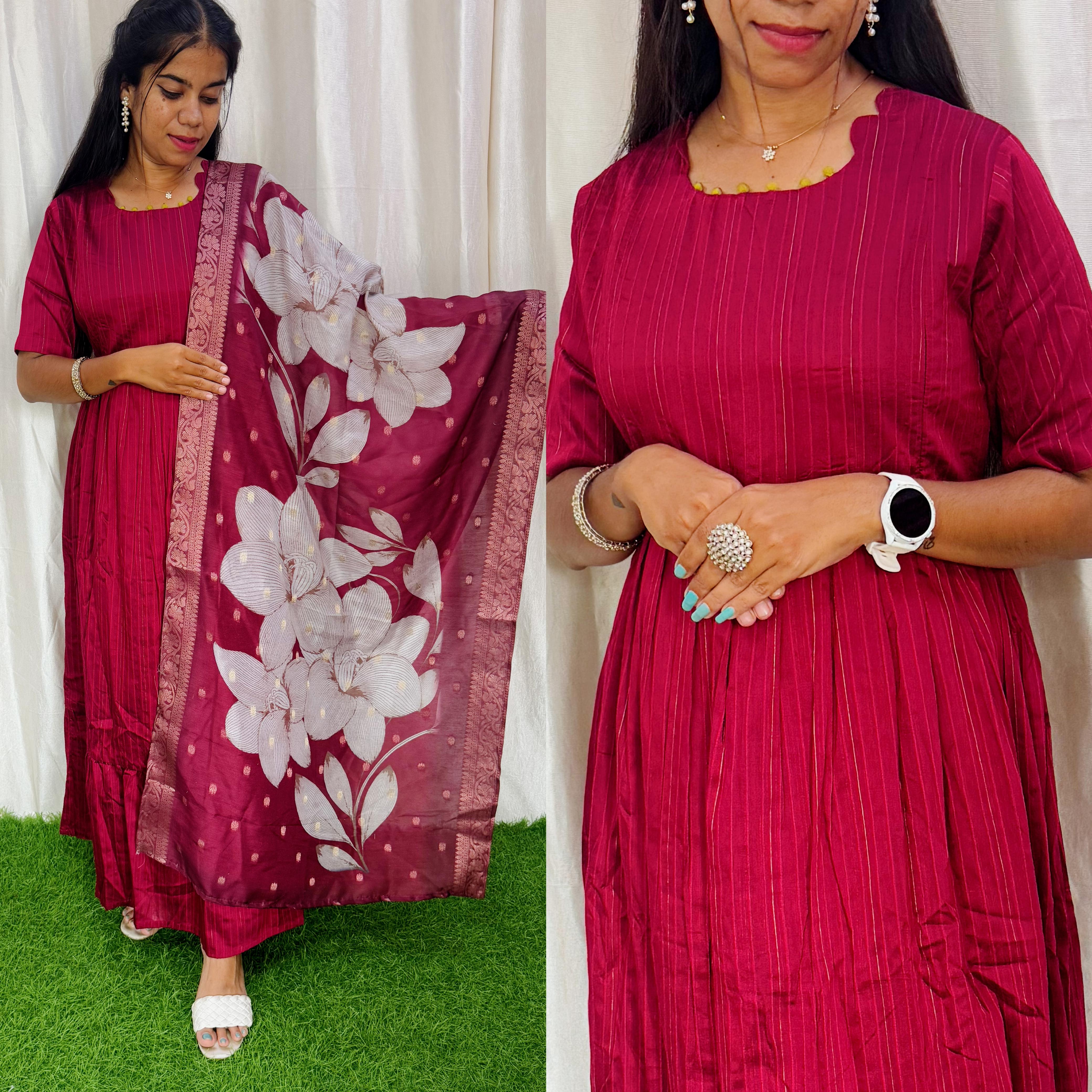 FESTIVE Raw Silk Maxi with Digital Printed Duppata- Feeding/Non Feeding