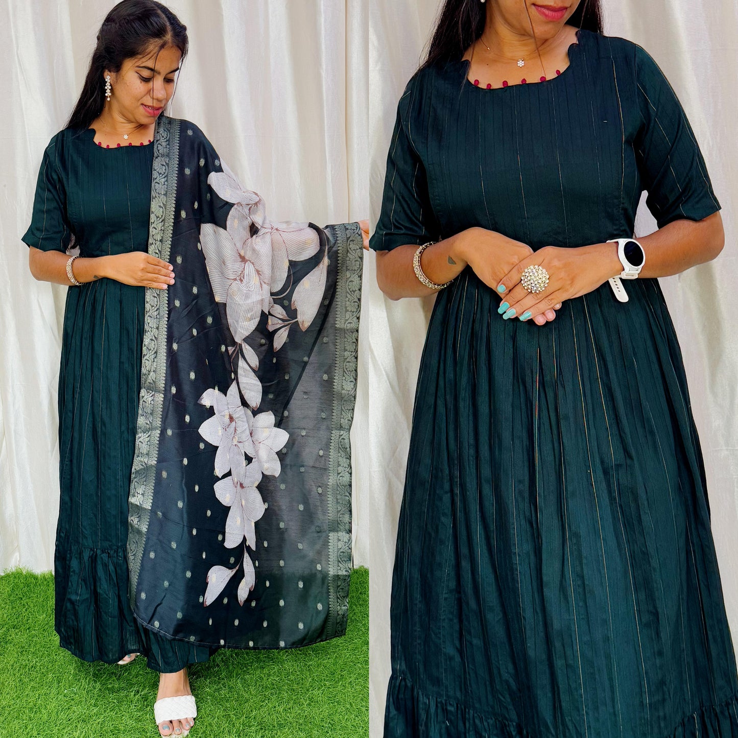 Green-NEW FESTIVE Raw Silk Maxi with Digital Printed Duppata- Feeding FC0173