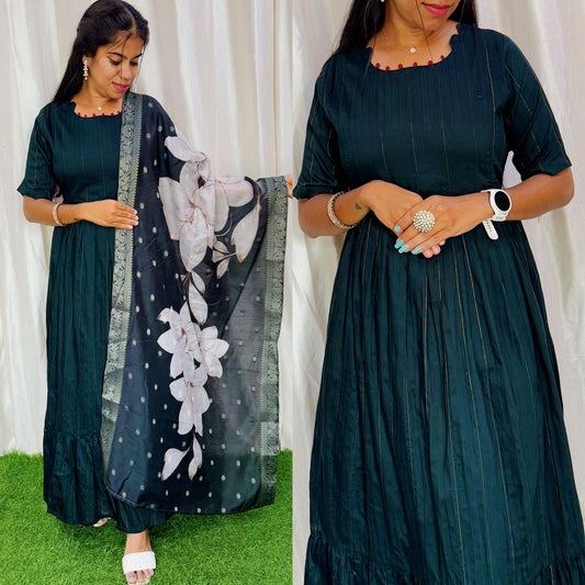 Green-NEW FESTIVE Raw Silk Maxi with Digital Printed Duppata- Feeding FC0173