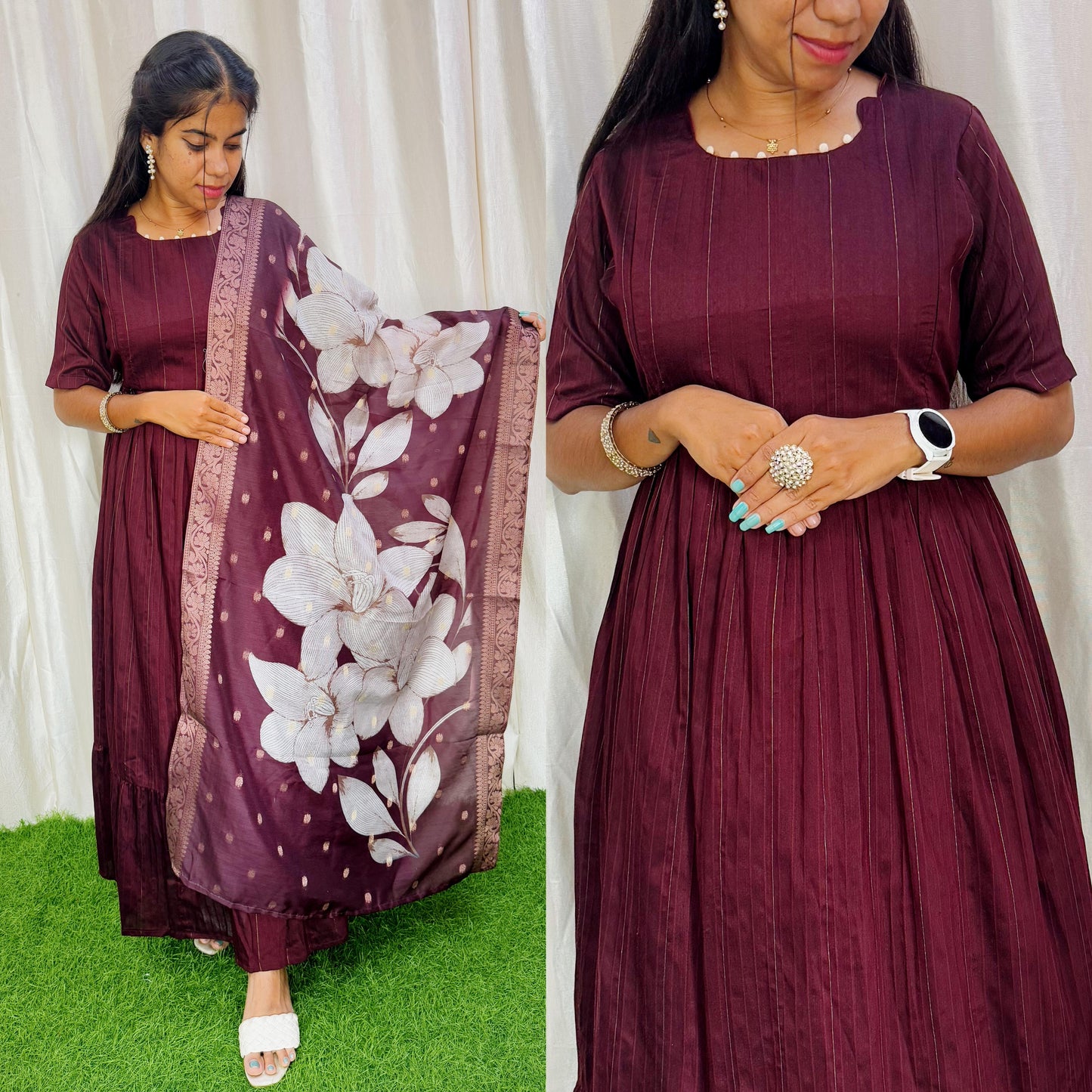 Brown-NEW FESTIVE Raw Silk Maxi with Digital Printed Duppata- Feeding FC0172