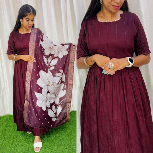 Brown-NEW FESTIVE Raw Silk Maxi with Digital Printed Duppata- Feeding FC0172