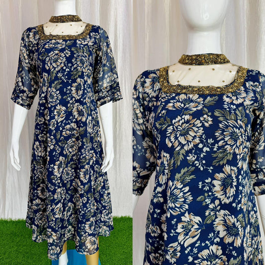 Jewel neck  Handwork Kurti with Lining ( Non Feeding only)-044