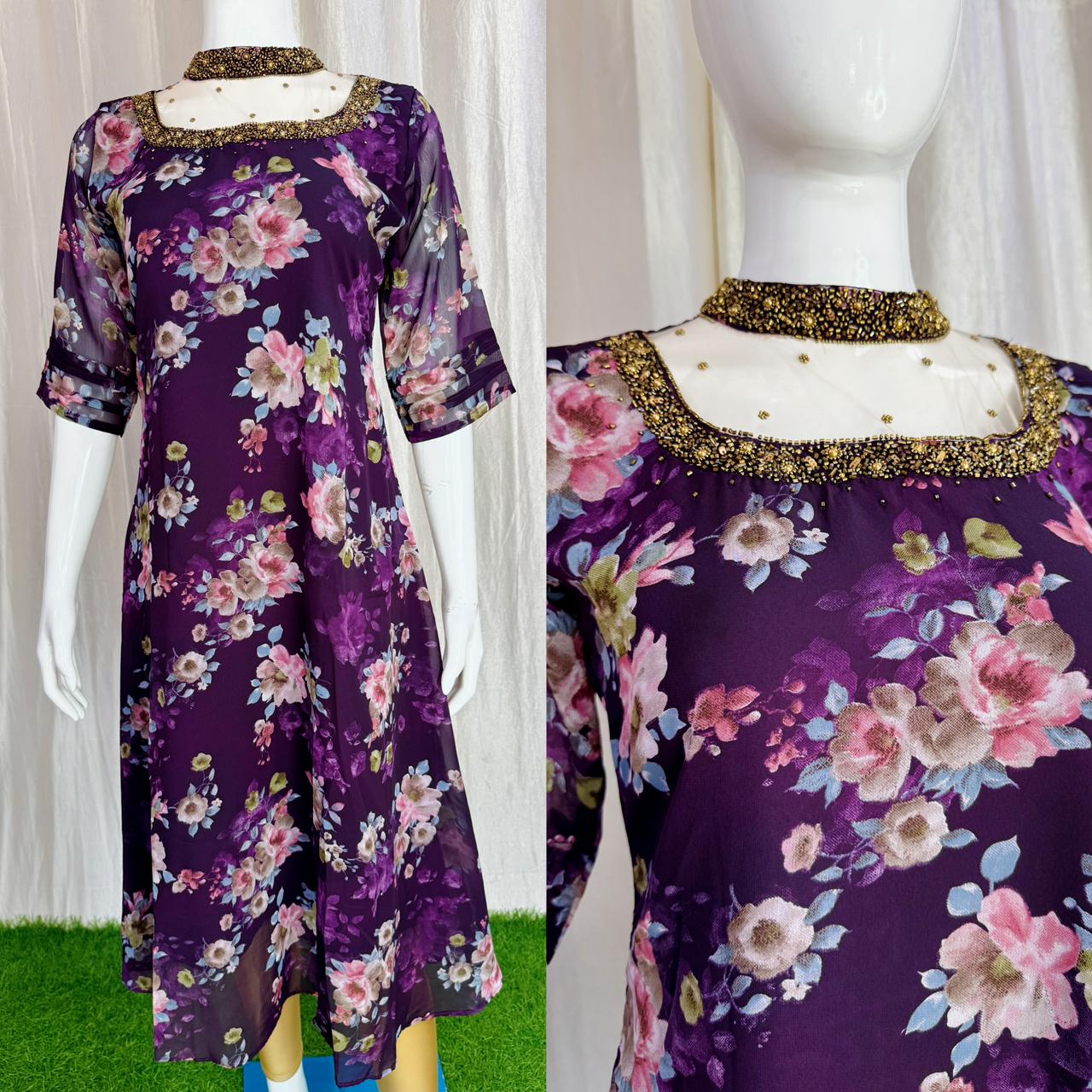 Jewel neck  Handwork Kurti with Lining ( Non Feeding only)-043