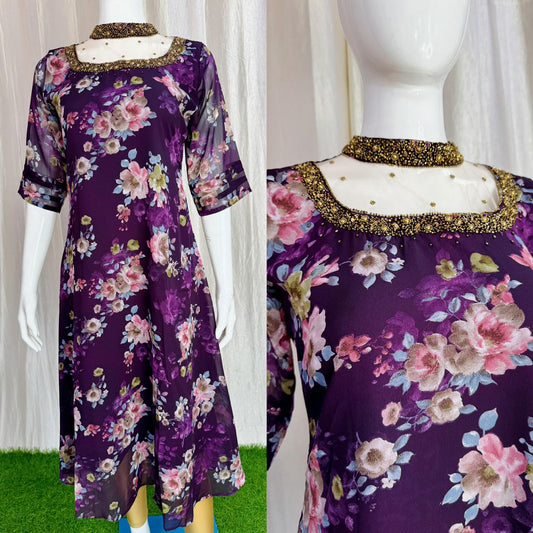 Jewel neck  Handwork Kurti with Lining ( Non Feeding only)-043