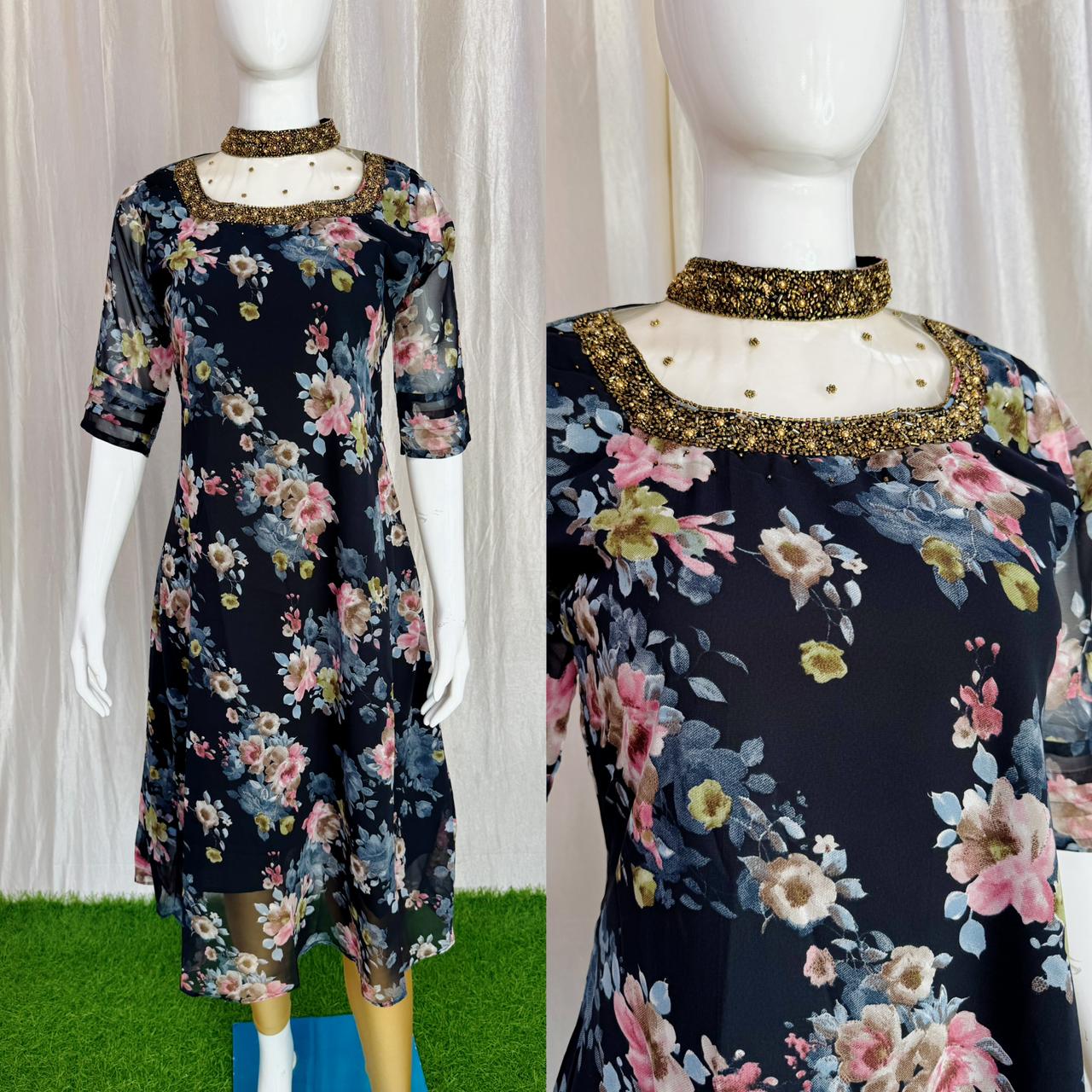 Jewel neck  Handwork Kurti with Lining ( Non Feeding only)-045