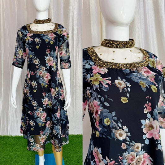 Jewel neck  Handwork Kurti with Lining ( Non Feeding only)-045