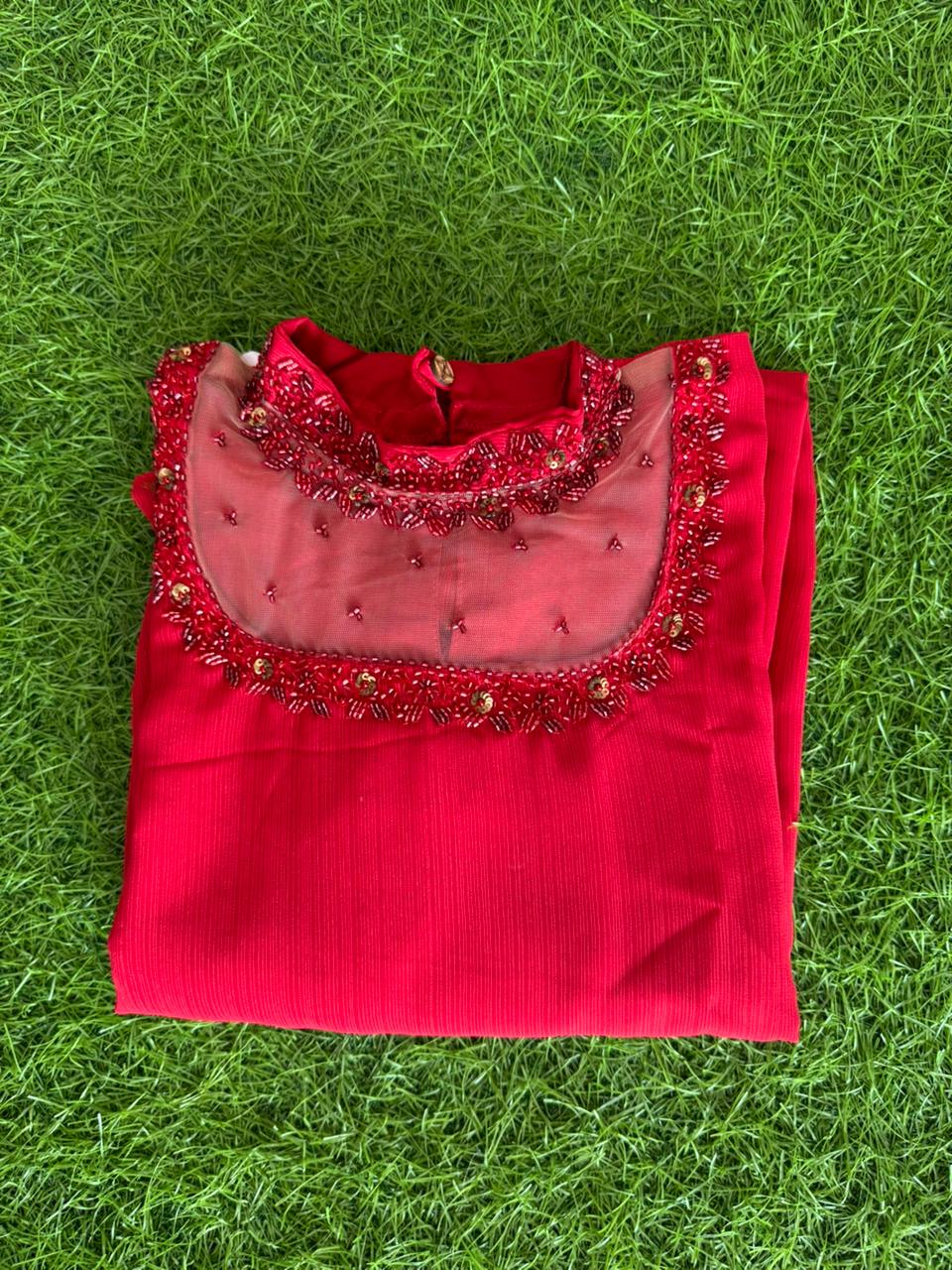 Jewel neck  Handwork Kurti with Lining ( Non Feeding only)-047