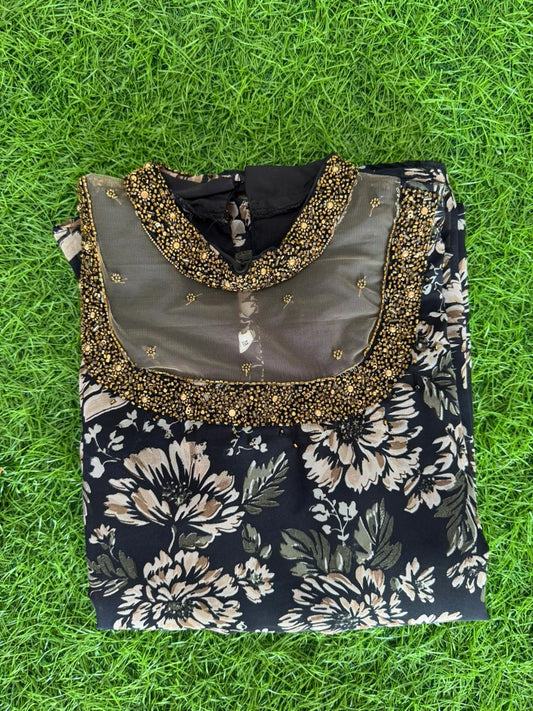 Buy 1 Get 1 Free Georgette Printed work Jewel Neck Kurti (with Lining) ( Non Feeding only)-109