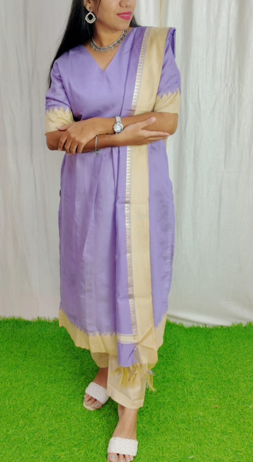 Tussar Silk Salwar Set-(Top,Bottom,Duppatta)- Chest Lining FC0276