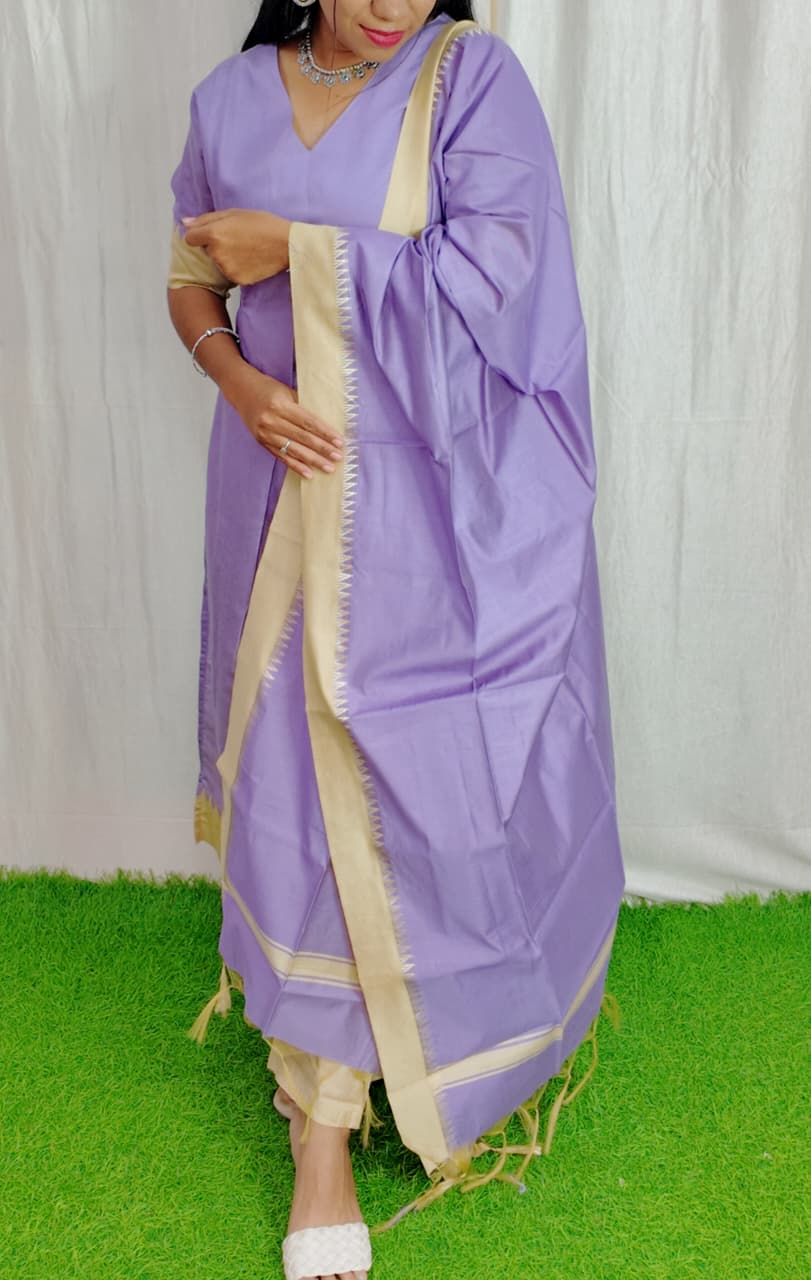 Tussar Silk Salwar Set-(Top,Bottom,Duppatta)- Chest Lining