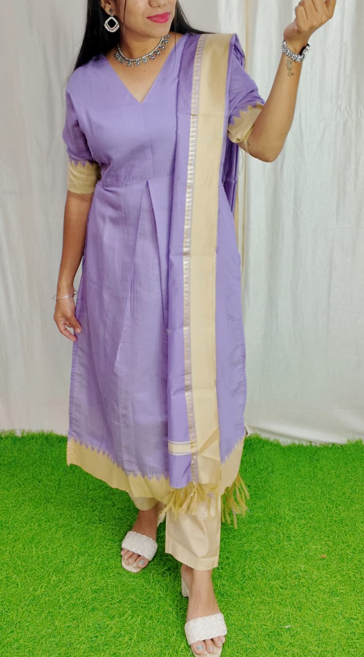 Tussar Silk Salwar Set-(Top,Bottom,Duppatta)- Chest Lining