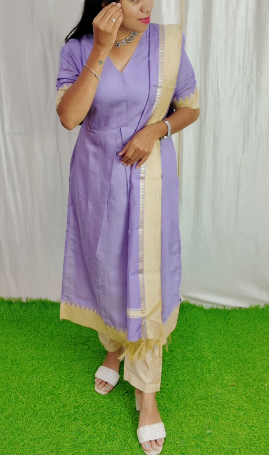 Tussar Silk Salwar Set-(Top,Bottom,Duppatta)- Chest Lining