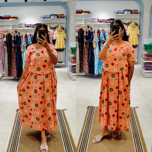 BUY 3 1500/- FLF071 Frill Zipless maternity/feeding Loungewear Maxi Pull up Model