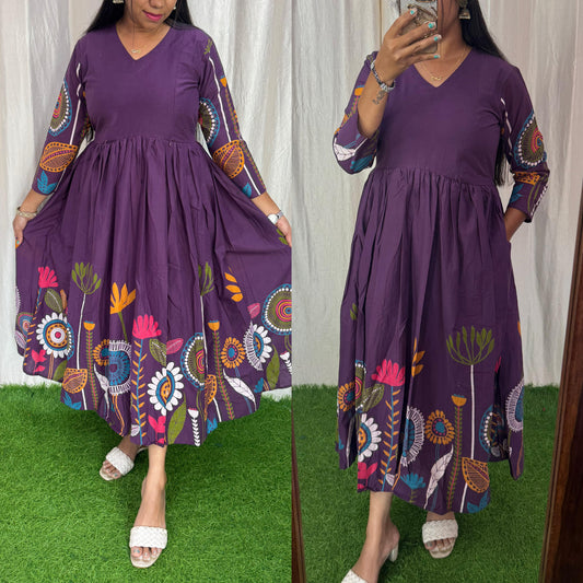 Purple-Premium Cotton Daman Print Fabric  Maxi with Cotton lining FC0042