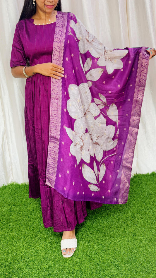 Purple-NEW FESTIVE Raw Silk Maxi with Digital Printed Duppata- Feeding FC0174