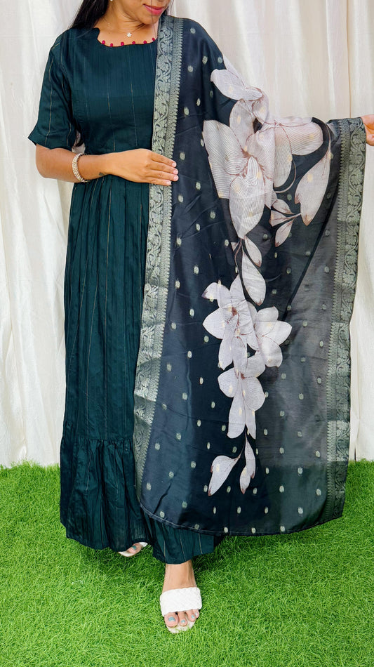Green-NEW FESTIVE Raw Silk Maxi with Digital Printed Duppata- Feeding FC0173