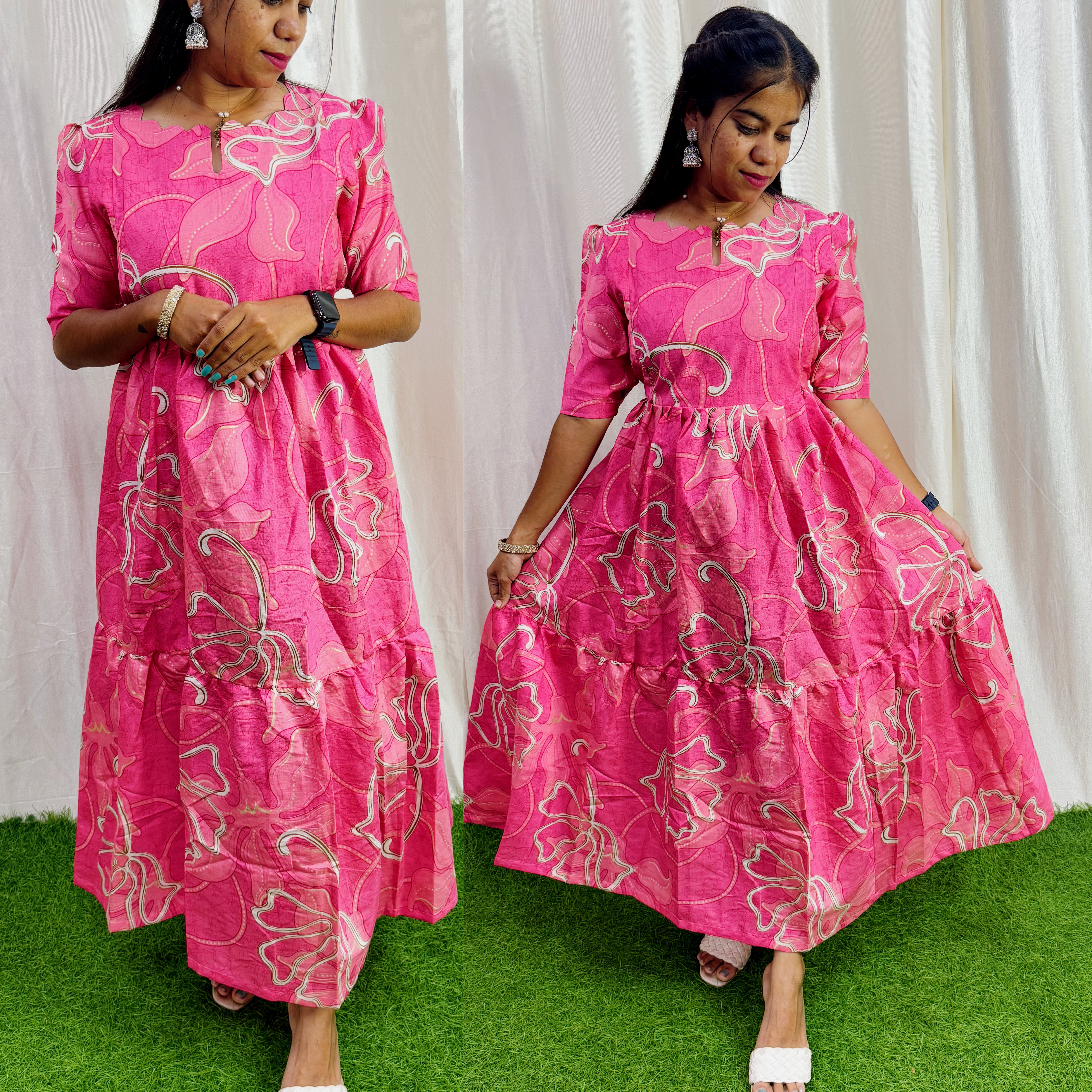 Pink-Feeding/Non feeding- Vatican Fabric 2-tier Maxi with Chest lining(Light weight)