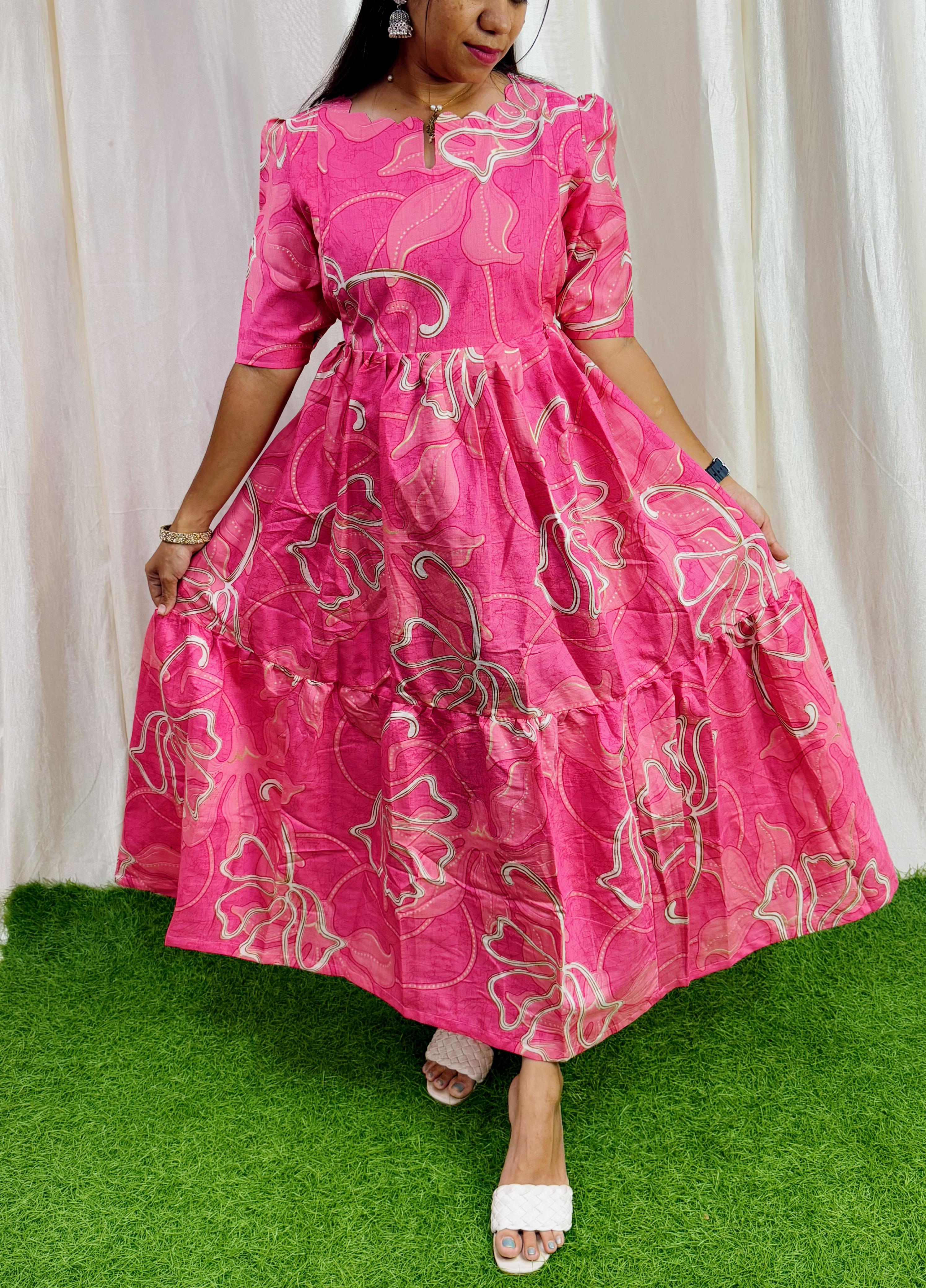 Pink-Feeding/Non feeding- Vatican Fabric 2-tier Maxi with Chest lining(Light weight)