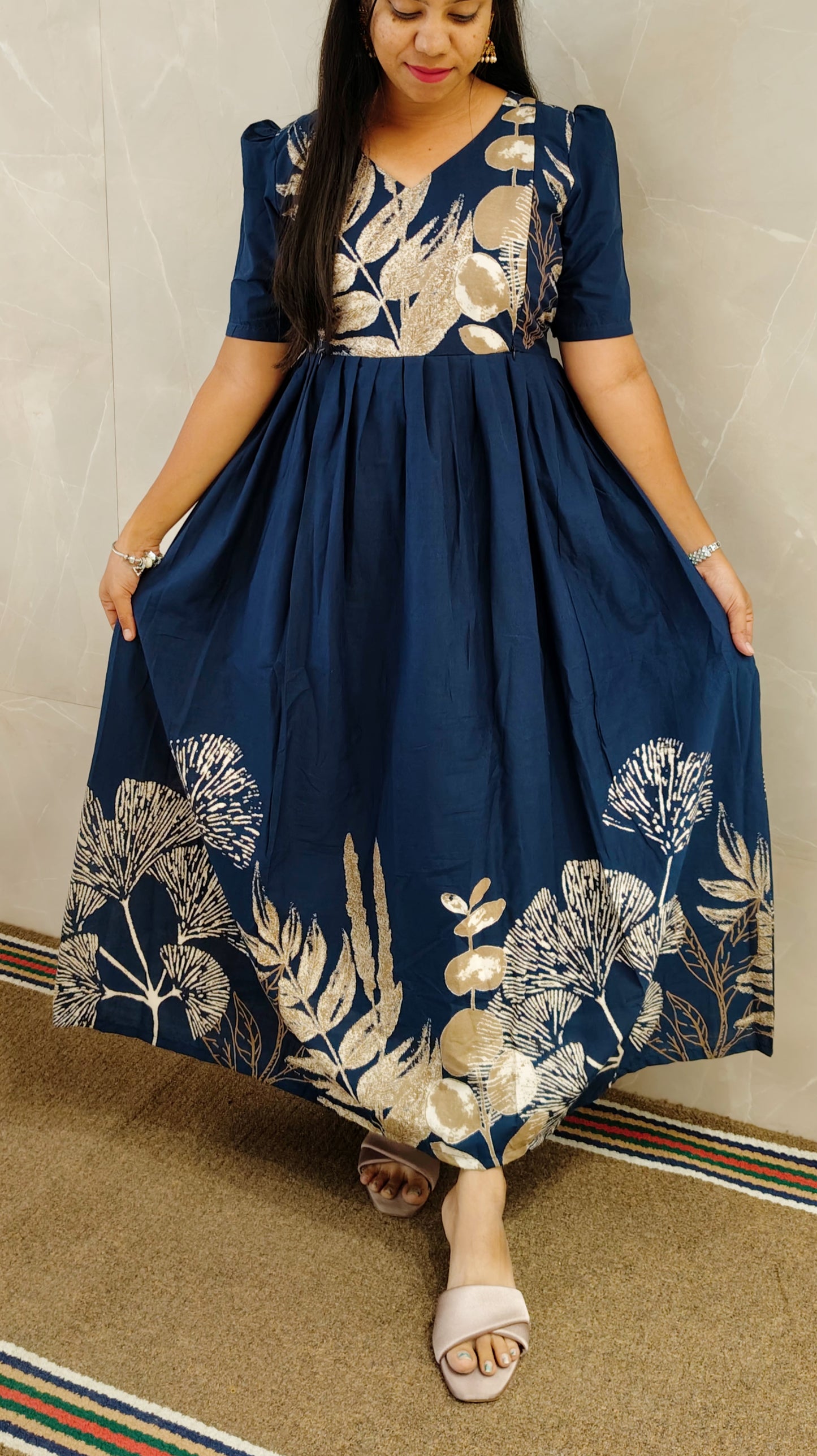 Premium Cotton Daman Print Fabric Maxi with Cotton lining( Feeding Only)-Navy