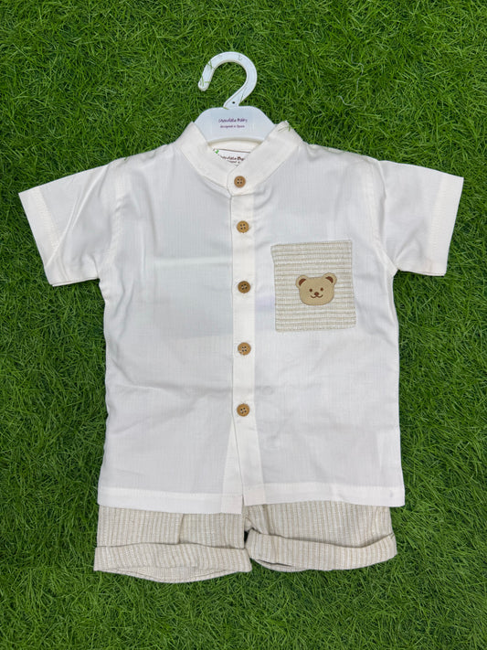 Beige Mandarin Collar Shirt and Trousers