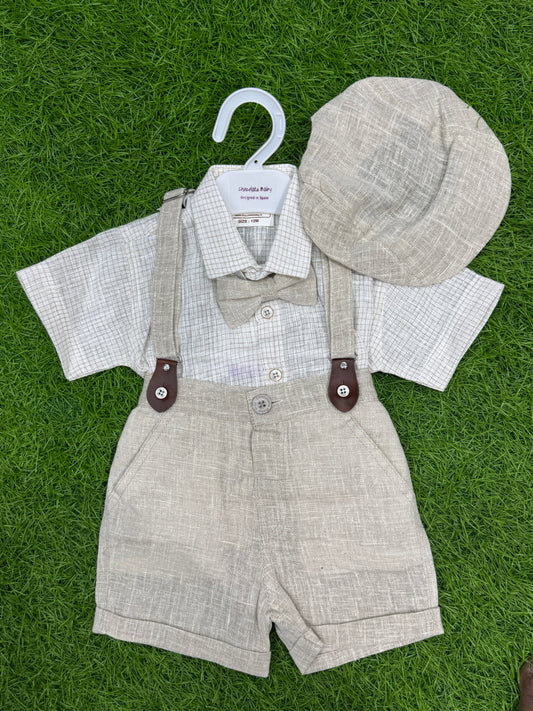 Biege Color Baby Boy Shirt and Shorts + Tie with Suspender Straps Outfits