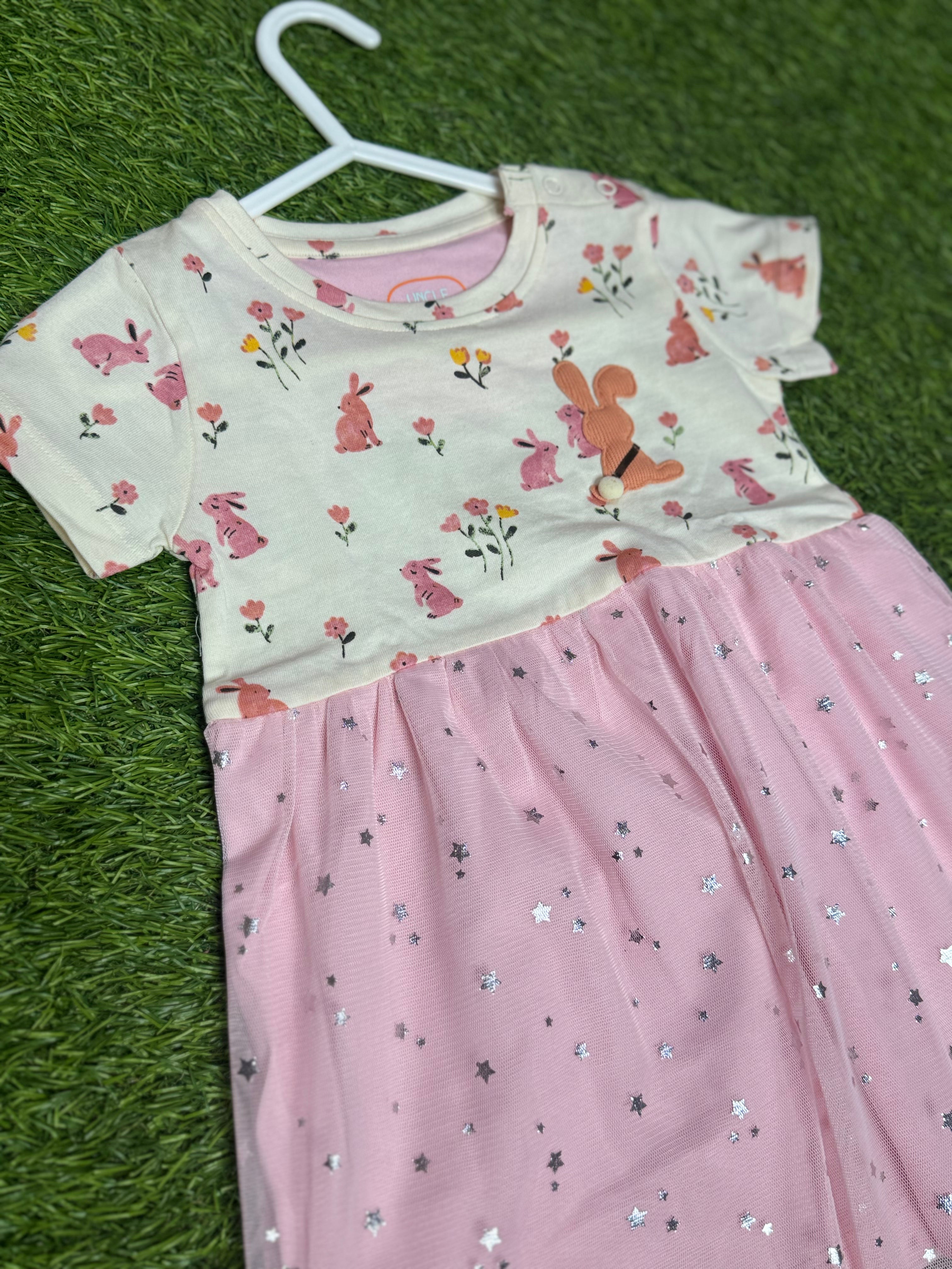 Girls Soft  Net Frock Leaf Printed