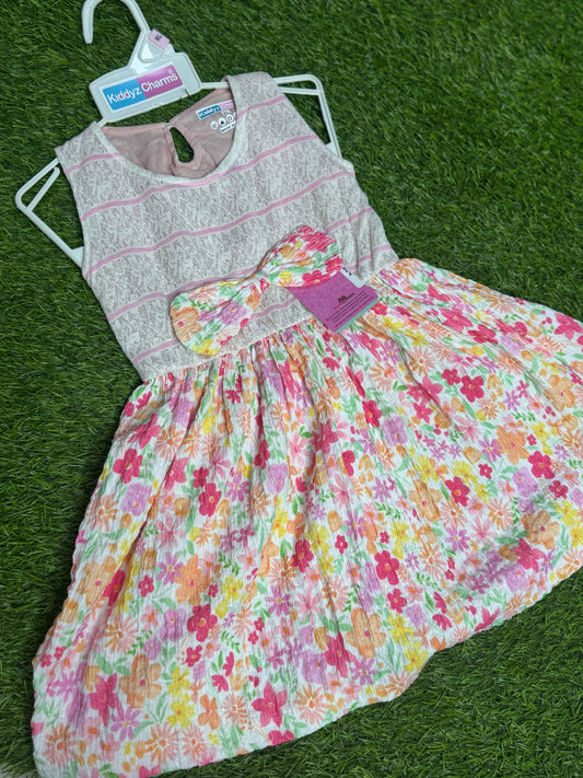 Smooth Flower Printed Sleeve Less Frock