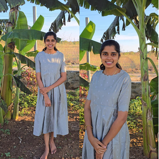 Feeding-Handloom Silk Cotton Maxi dress with Scallop neck Grey FC0201