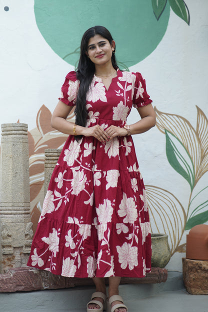 Premium Cotton Printed 3-Tier Maxi Dress | Size M-3XL FC0357
