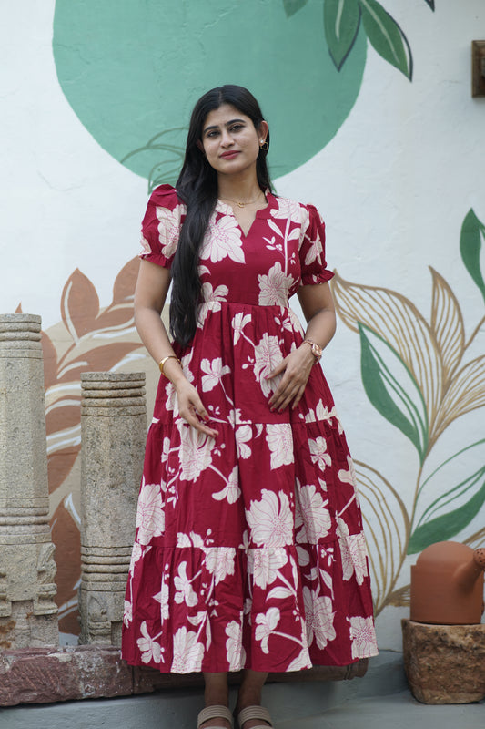 Premium Cotton Printed 3-Tier Maxi Dress | Size M-3XL FC0357