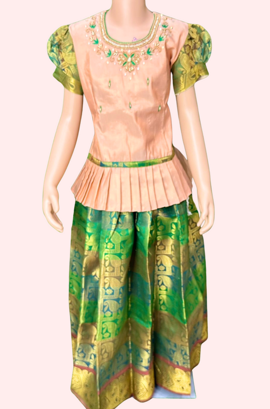 Pattu Pavadai with Aari work Beige color