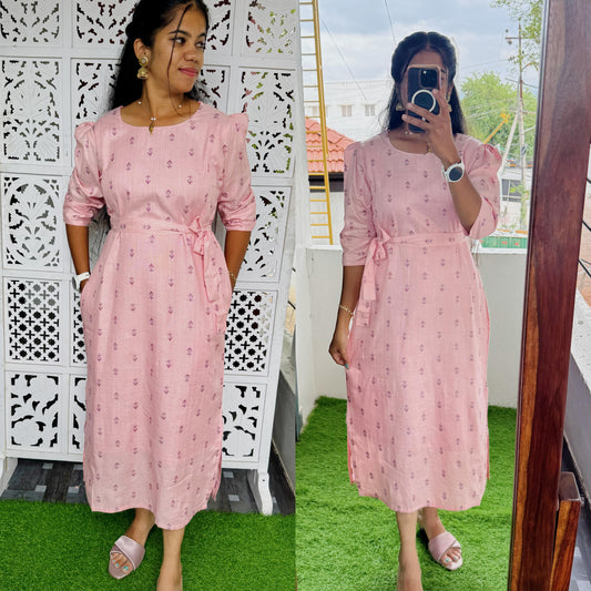 Feeding Premium Handloom Cotton fabric Aline Dress with belt ( with Lining) FC0157