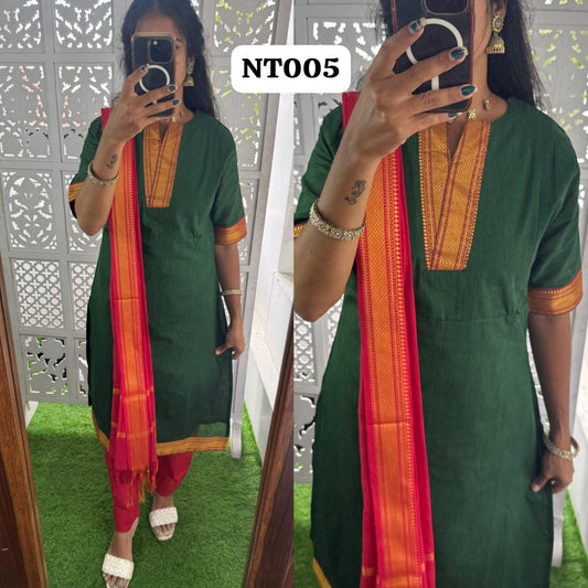 NT005- Premium Mangalagiri Cotton Salwar Set-(Top,Bottom,Duppatta)- Feeding/Non Feeding