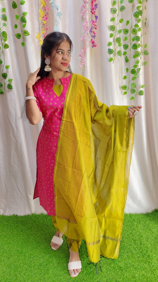 Sara Pink-Premium Raw Silk Printed Salwar Set-(Top,Bottom,Duppatta)- Feeding FC0305