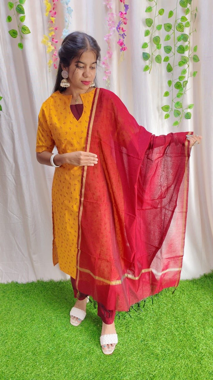 Sara Yellow-Premium Raw Silk Printed Salwar Set-(Top,Bottom,Duppatta)- Feeding/Non Feeding FC0302