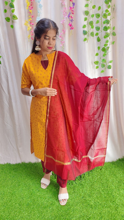 Sara Yellow-Premium Raw Silk Printed Salwar Set-(Top,Bottom,Duppatta)- Feeding/Non Feeding FC0302