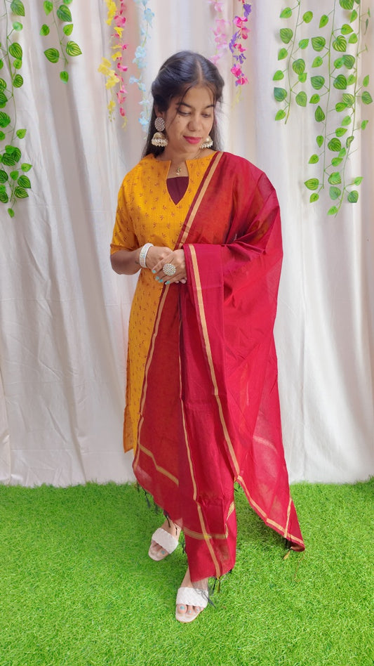 Sara Yellow-Premium Raw Silk Printed Salwar Set-(Top,Bottom,Duppatta)- Feeding/Non Feeding