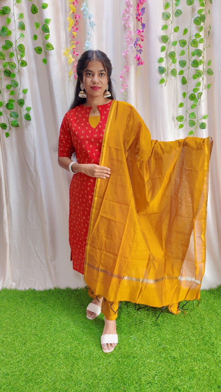 Sara Red-Premium Raw Silk Printed Salwar Set-(Top,Bottom,Duppatta)- Feeding FC0304