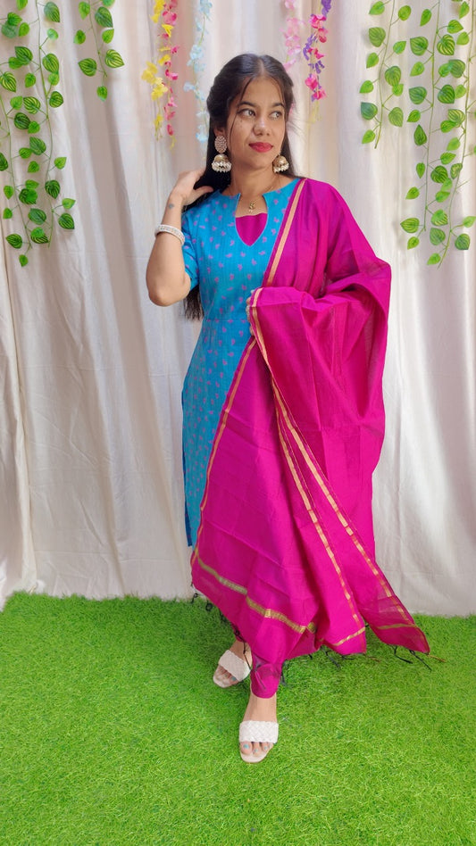 Sara Blue-Premium Raw Silk Printed Salwar Set-(Top,Bottom,Duppatta)- Feeding FC0303
