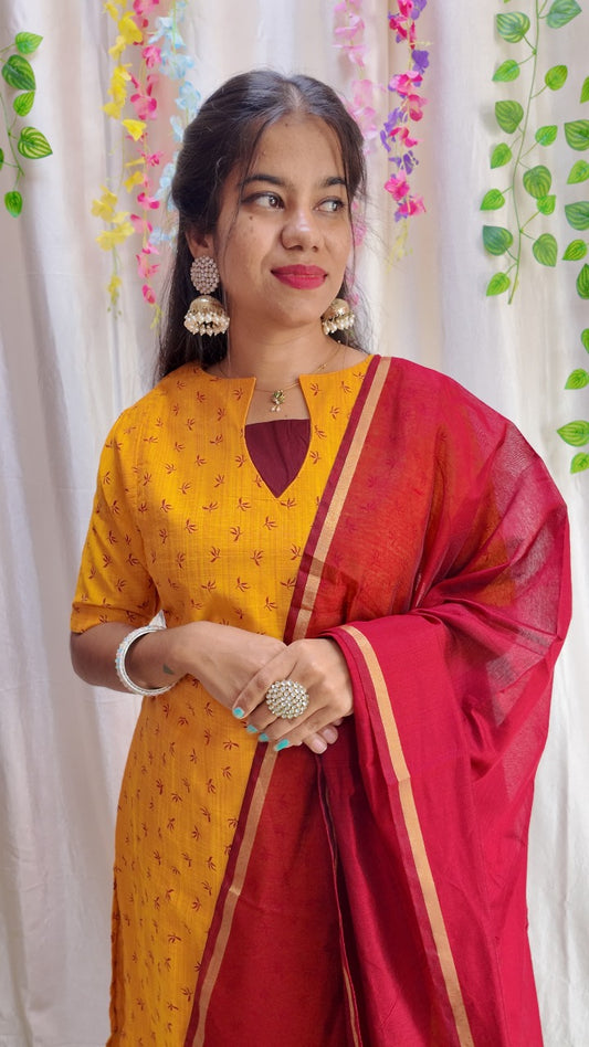 Sara Yellow-Premium Raw Silk Printed Salwar Set-(Top,Bottom,Duppatta)- Feeding/Non Feeding FC0302