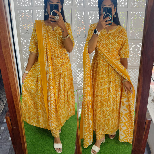 Yellow-Feeding/Non Feeding- Pure Cotton Set (Top,Bottom and Duppatta)
