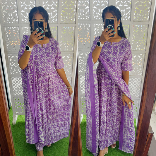Purple-Feeding- Pure Cotton Set (Top,Bottom and Duppatta) FC0307