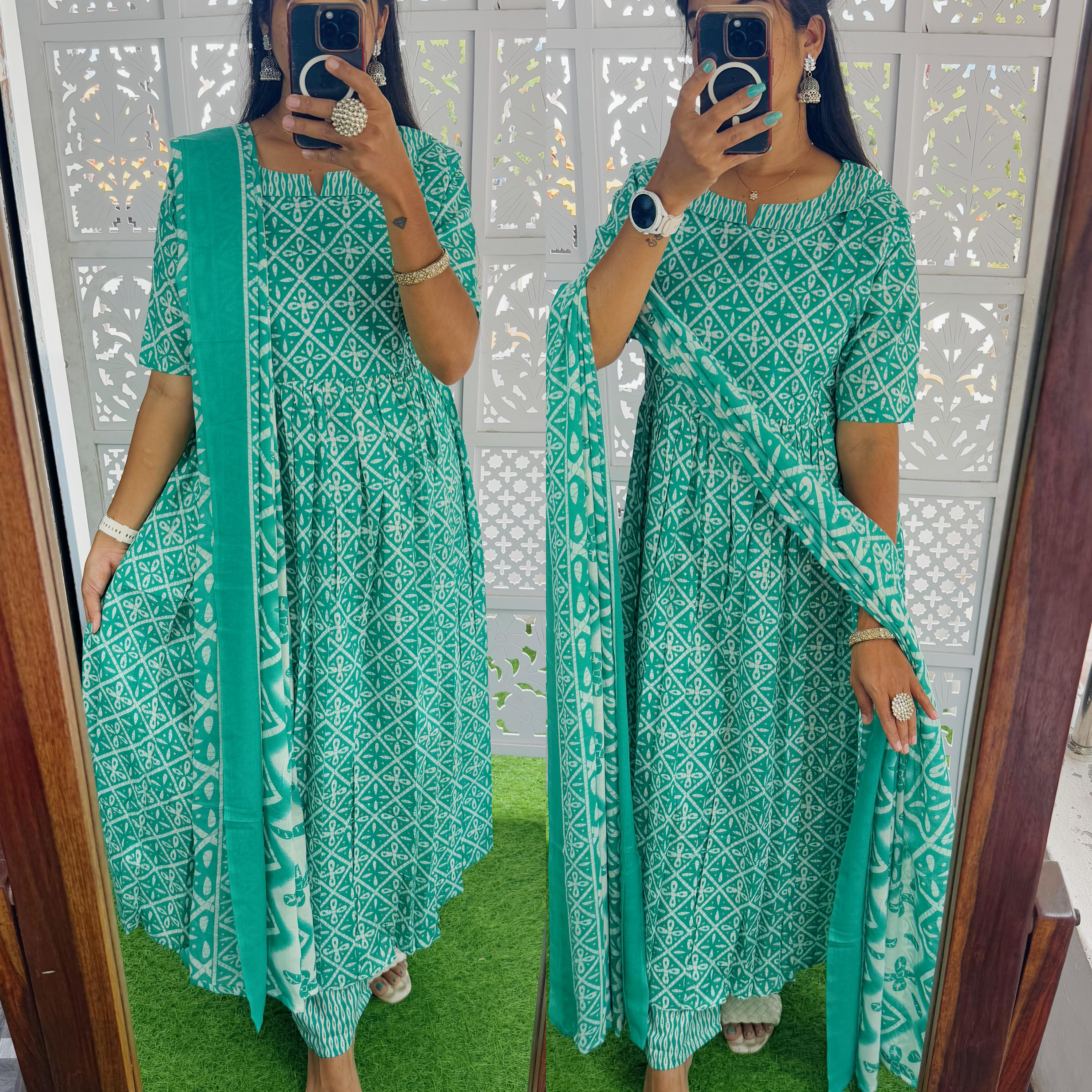 Green-Feeding/Non Feeding- Pure Cotton Set (Top,Bottom and Duppatta)
