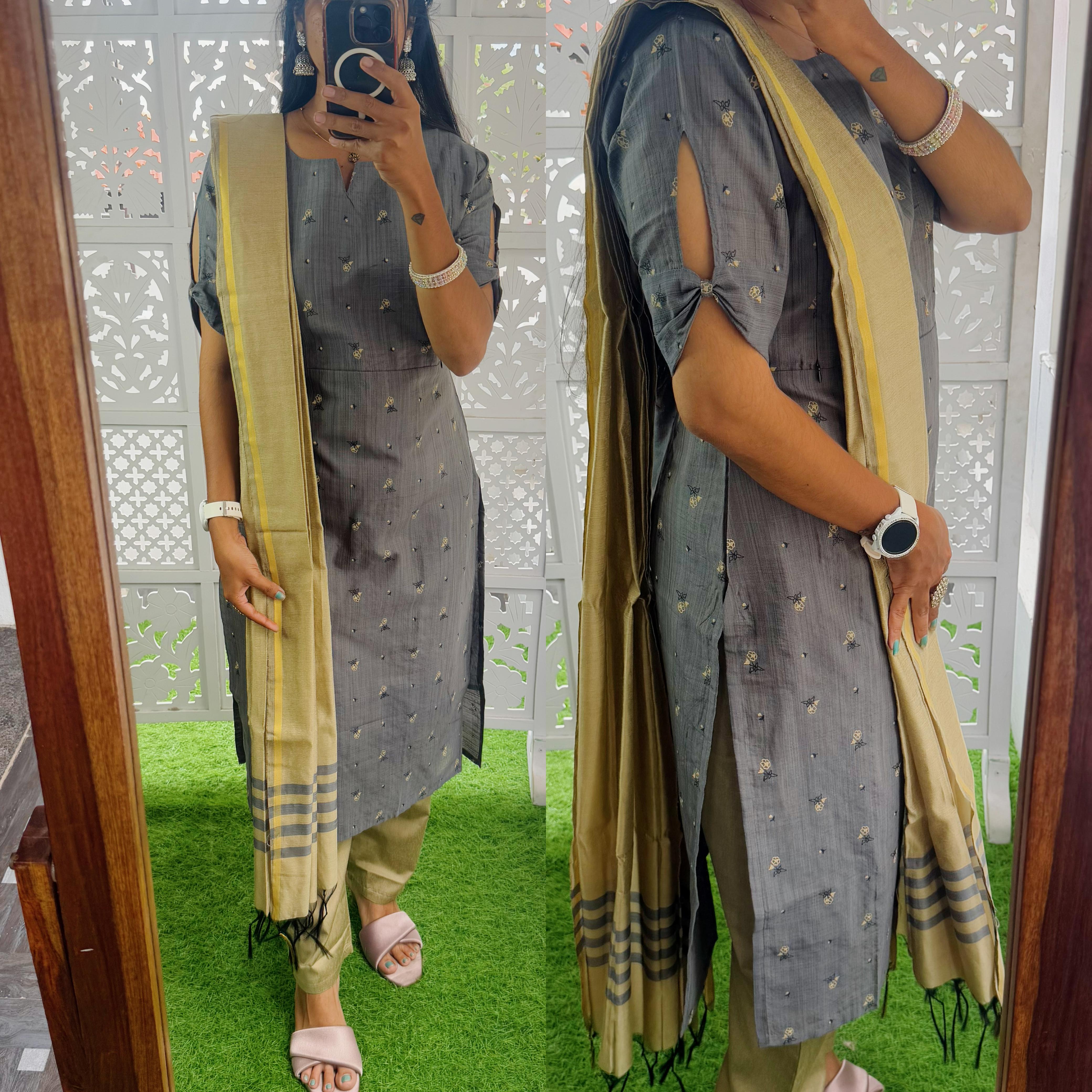 Grey-Premium Raw Silk Printed Salwar Set-(Top,Bottom,Duppatta)- Feeding/Non Feeding
