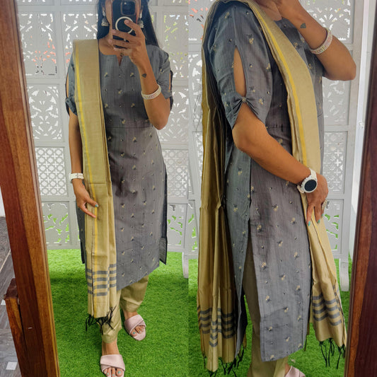 Grey-Premium Raw Silk Printed Salwar Set-(Top,Bottom,Duppatta)- Feeding/Non Feeding