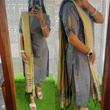 Grey-Premium Raw Silk Printed Salwar Set-(Top,Bottom,Duppatta)- Feeding/Non Feeding