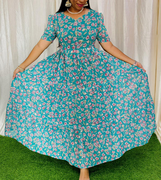 Maya023 Maxi-Feeding/Non feeding-Premium Heavy quality Georgette 3-Tier Maxi (With Lining)