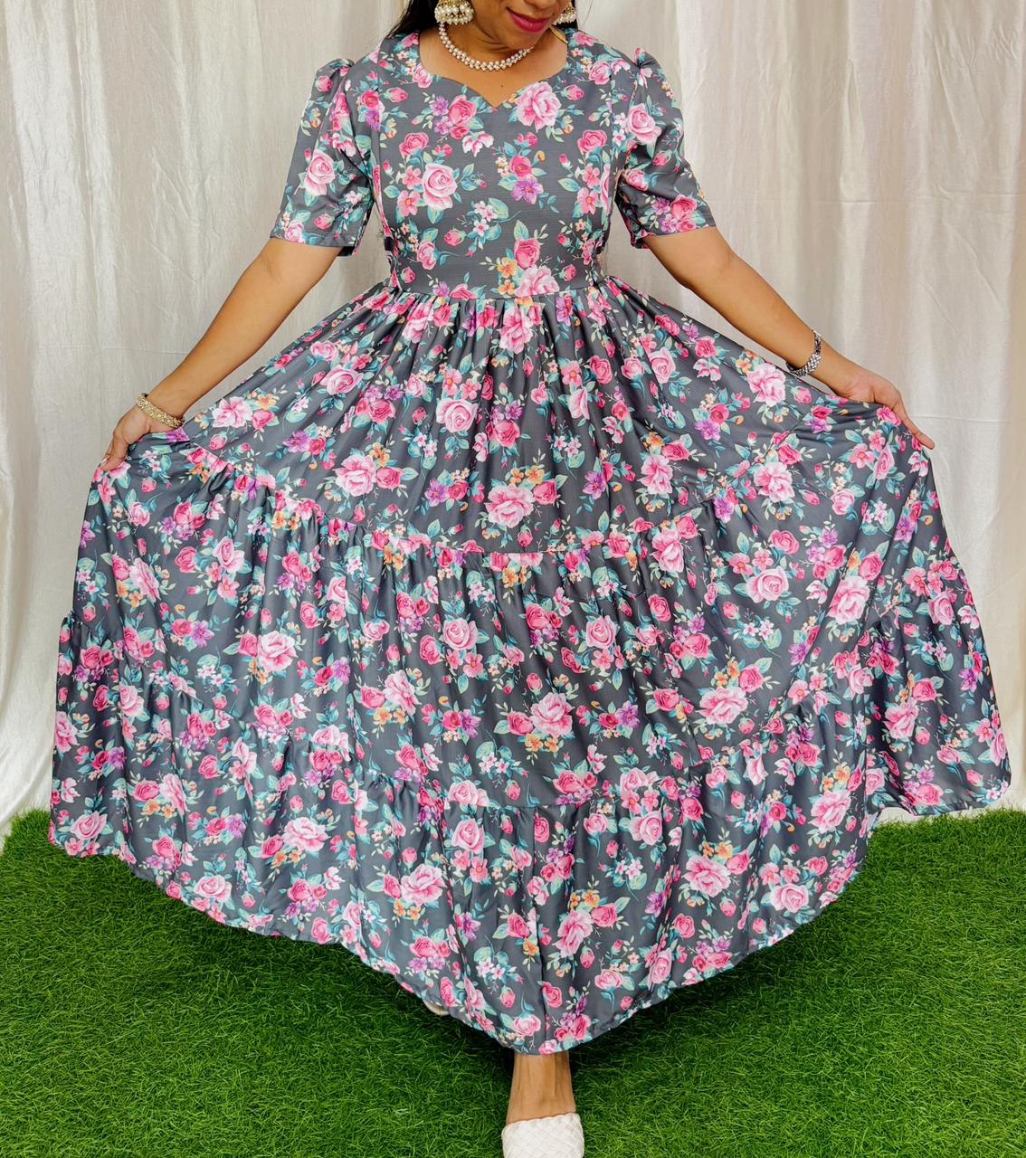 Maya019 Maxi-Feeding/Non feeding-Premium Heavy quality Georgette 3-Tier Maxi (With Lining)