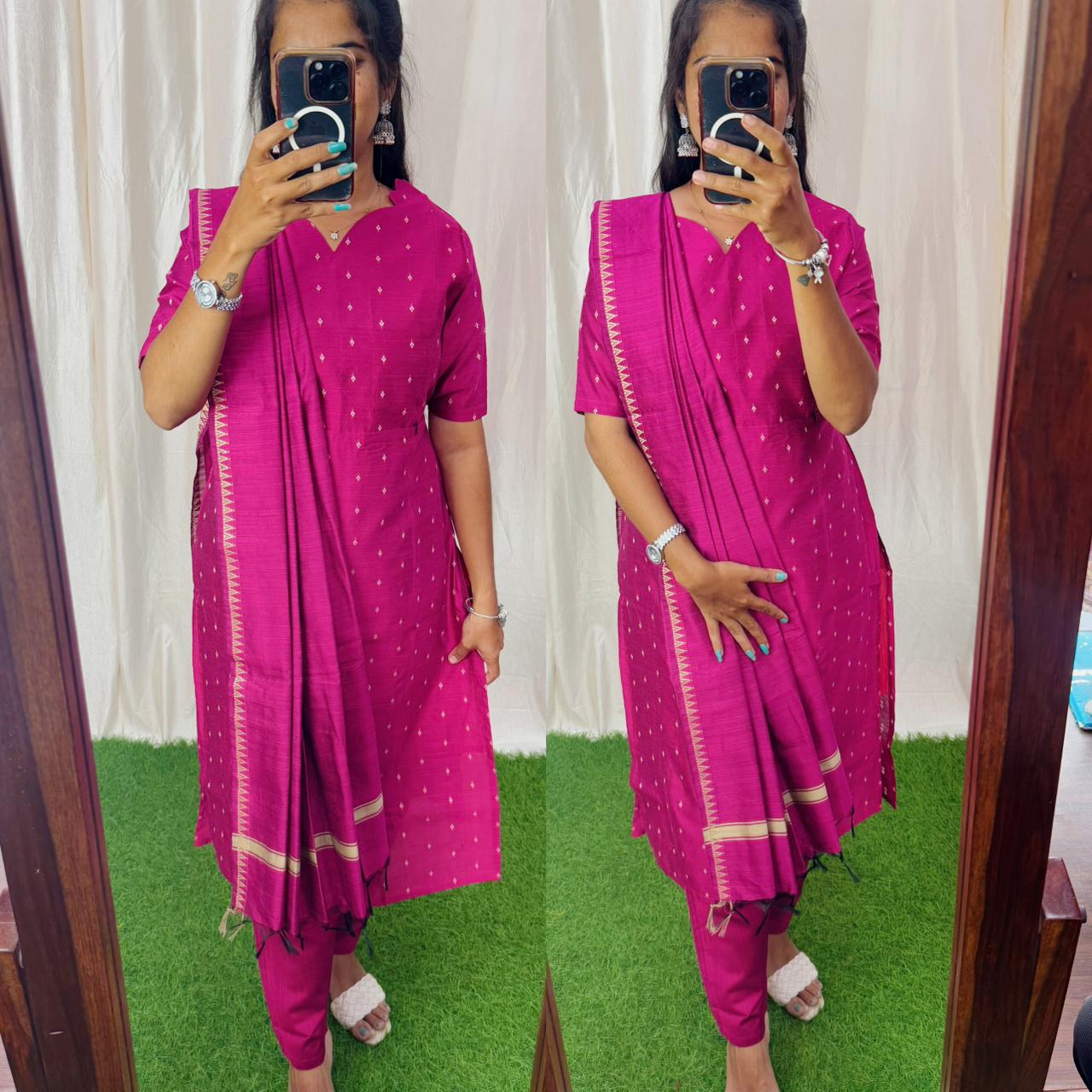 Premium Raw Silk Salwar Set-(Top,Bottom,Duppatta)- Feeding Dark Pink FC0270
